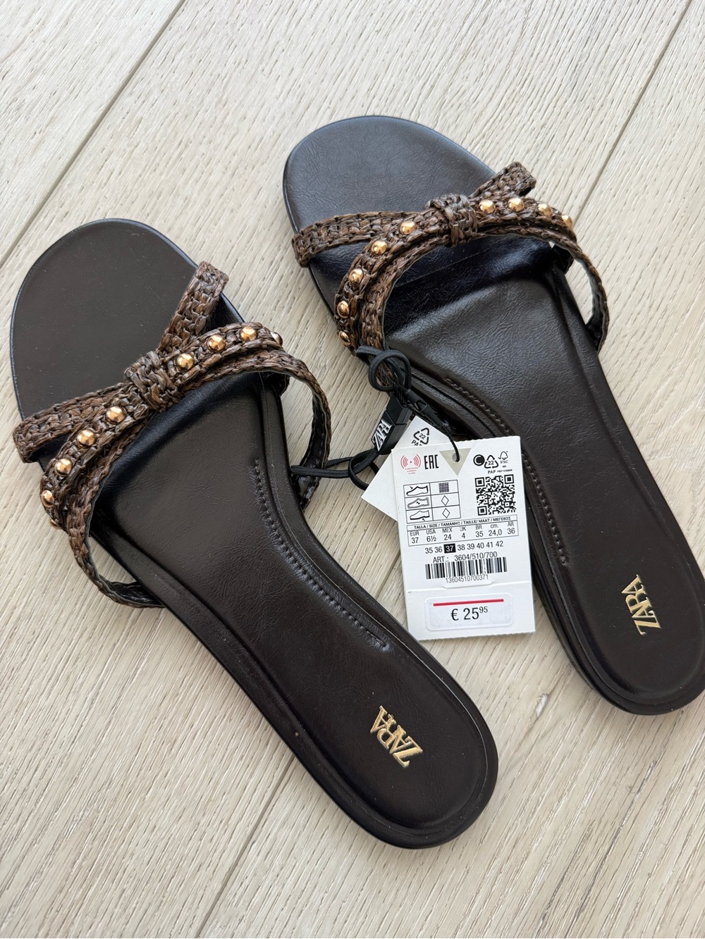 New ZARA Dark Brown Braided Slide Sandals